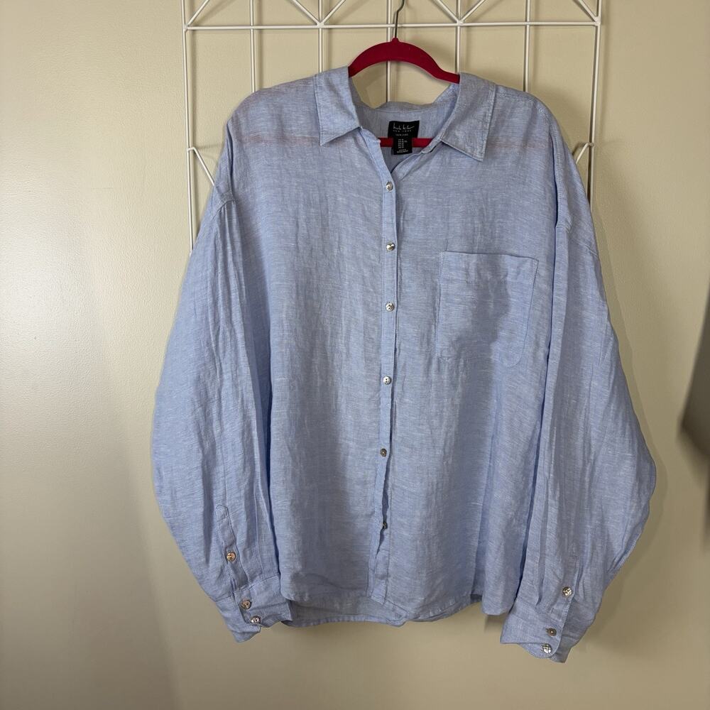 Nicole Miller Women Sz XL Button Up 100% Linen Classic Coastal Beach Relaxed